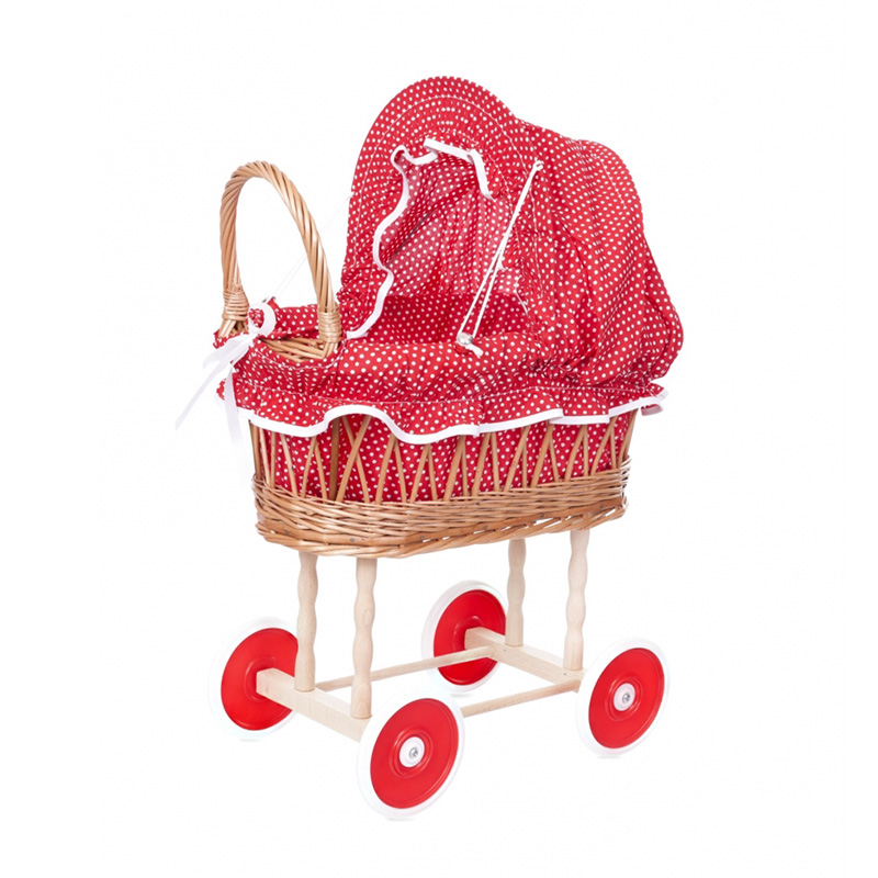 Opengewerkte rieten poppenwagen met stoffen kap - Rood