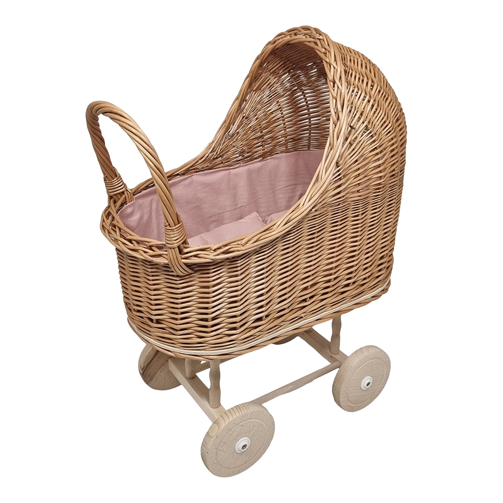 Rieten poppenwagen Connie - Roze bekleding incl. matrasje en kussen