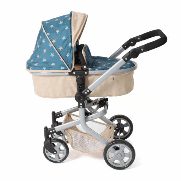 Combi-poppenwagen Mika – Stars Turquoise Beige - Afbeelding 2